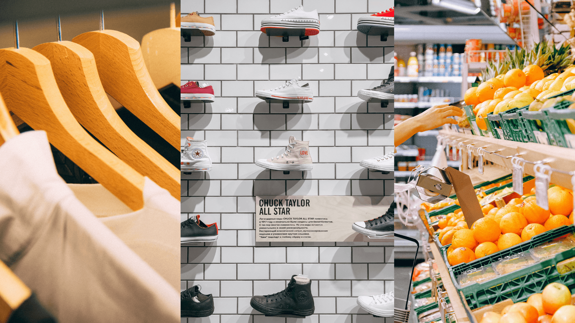 Imagen con camisas, zapatos y comida a la venta